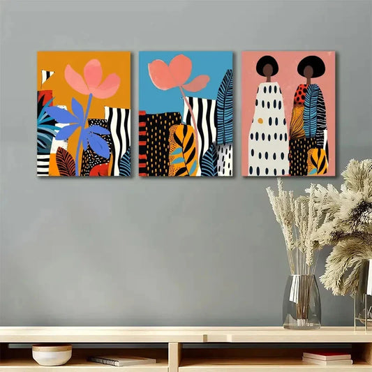 3pcs Boho Abstract Floral Bohemian African Metal Print Ready to Hang Art
