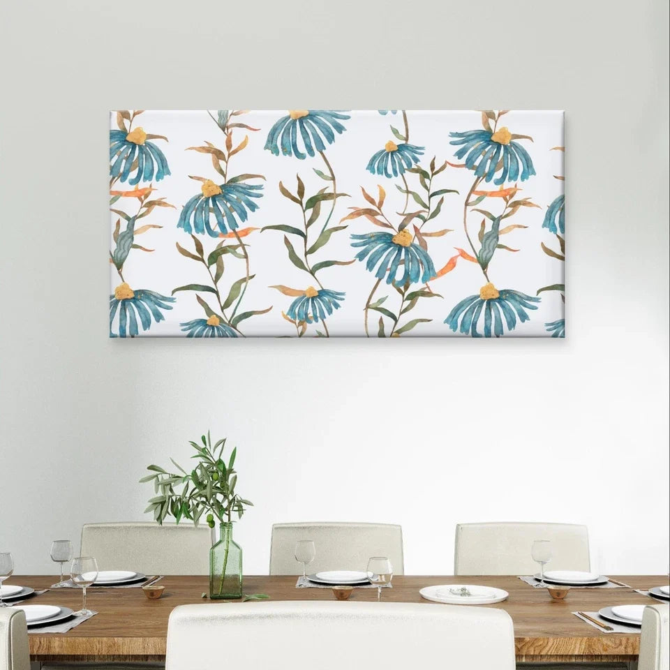 Blue Watercolor Daisy Floral Pattern Wall Art Canvas Office Home Framed 120x60cm