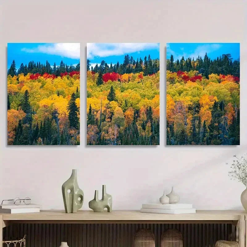 3pcs Autumn Forest Landscape Vibrant Metal Print Ready to Hang Art