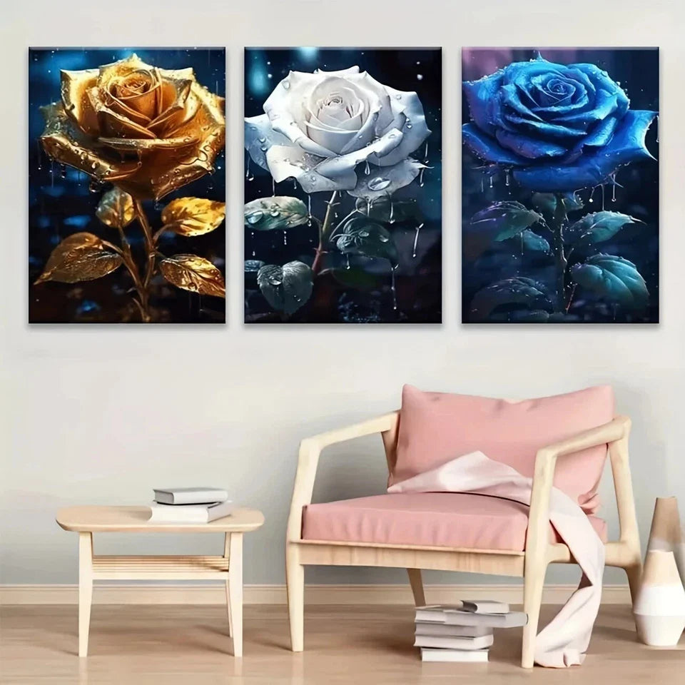 3pcs Golden White Blue Floral Metal Print Ready to Hang Art
