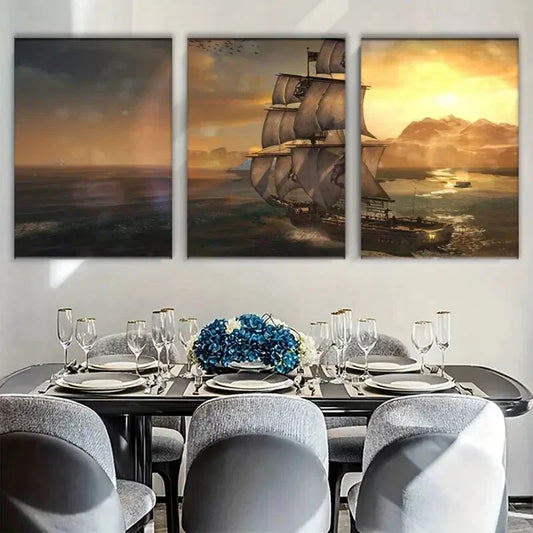 3pcs Pirate Ship Braving Wind and Waves Metal Print Ready to Hang Art
