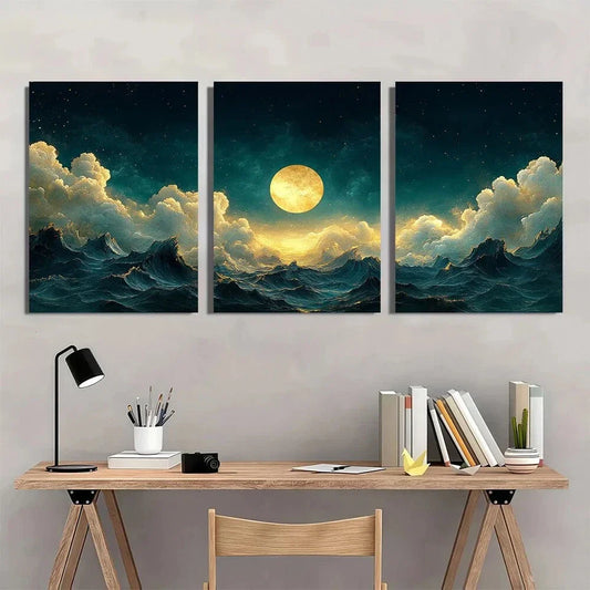 3pcs Vintage Emerald Green Sky Abstract Metal Print Ready to Hang Art