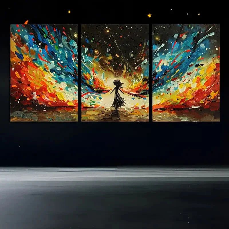 3pcs Colourful Phoenix Girl Blue & Yellow Metal Print Ready to Hang Art