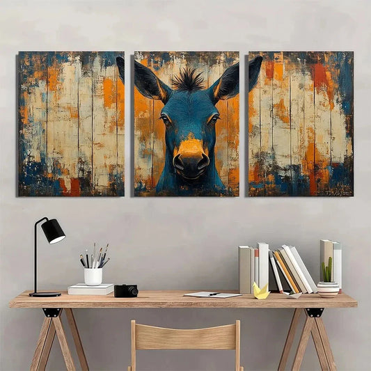 3pcs Abstract Vintage Donkey Rustic Blue & Orange Metal Print Ready to Hang Art