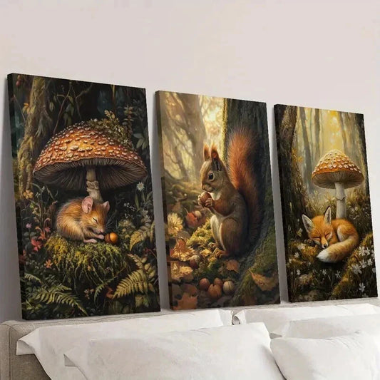 3pcs Squirrel Fox Mouse & Mushrooms Flowers Wall Art Set Canvas Framed 40x60cm - High Quality Print 100% Australian Made Wall Canvas Ready to Hang
