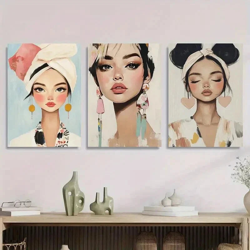 3pcs Stylish Women with Headbands & Earrings Metal Print Ready to Hang Art