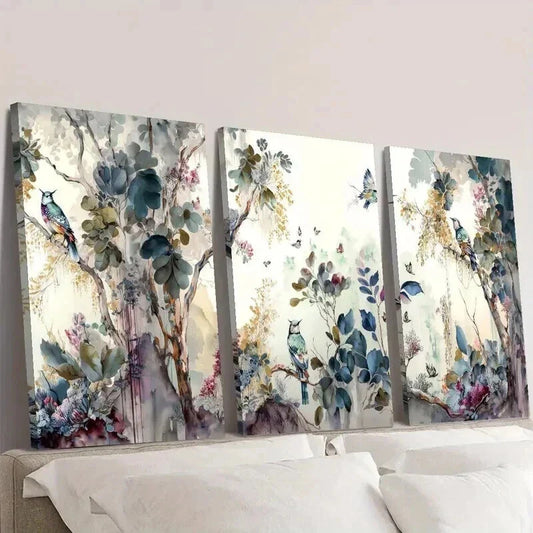 3pcs Modern Landscape with Trees Flowers Birds Wall Art Set Canvas Framed 40x60cm - High Quality Print 100% Australian Made Wall Canvas Ready to Hang