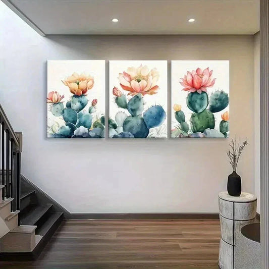3pcs Colorful Cactus & Flower Nature Perfect Wall Art Set Canvas Framed 40x60cm - High Quality Print 100% Australian Made Wall Canvas Ready to Hang