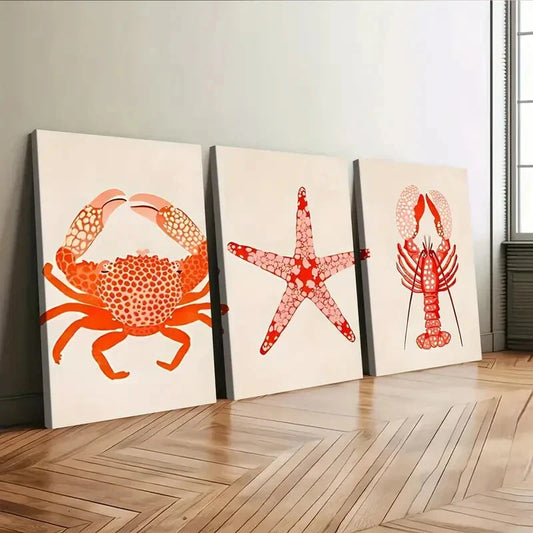 3pcs Red Shrimp Crab Star Fish Orange & Beige Wall Art Set Canvas Framed 40x60cm - High Quality Print 100% Australian Made Wall Canvas Ready to Hang