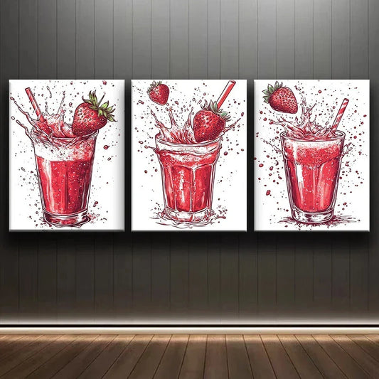 3pcs Vibrant Strawberry Beverage Modern Style Metal Print Ready to Hang Art
