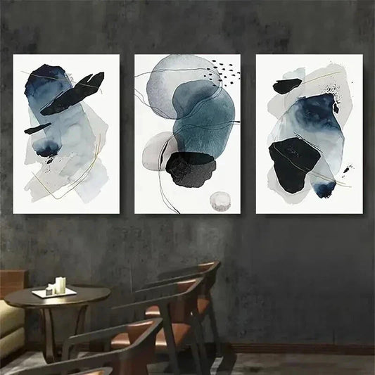 3pcs Blue & Black Shapes with Golden Accents Wall Art Set Canvas Framed 40x60cm - High Quality Print 100% Australian Made Wall Canvas Ready to Hang