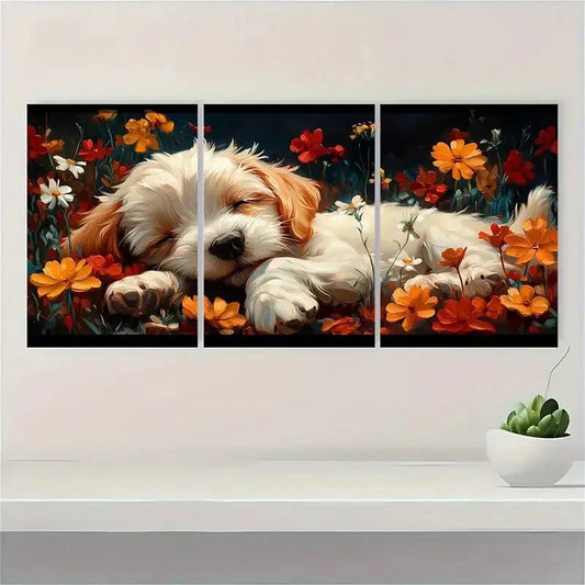 3pcs Painting Drifting Puppy and Floral Metal Print Ready to Hang Art