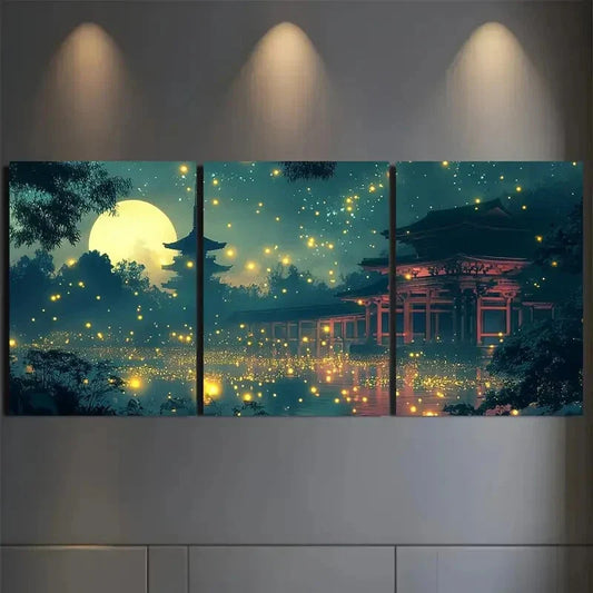 3pcs Glowing Fireflies & Asian Pagoda Design Wall Art Set Canvas Framed 40x60cm - High Quality Print 100% Australian Made Wall Canvas Ready to Hang