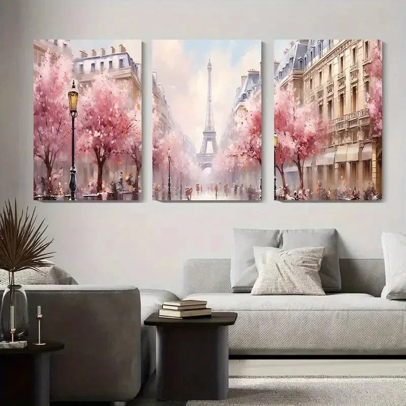 3pcs Paris Eiffel Tower Spring Cherry Blossom Metal Print Ready to Hang Art