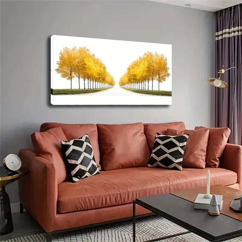 Serene Autumn Road Golden Trees Wall Art Canvas Office Home Room Framed 120x60cm