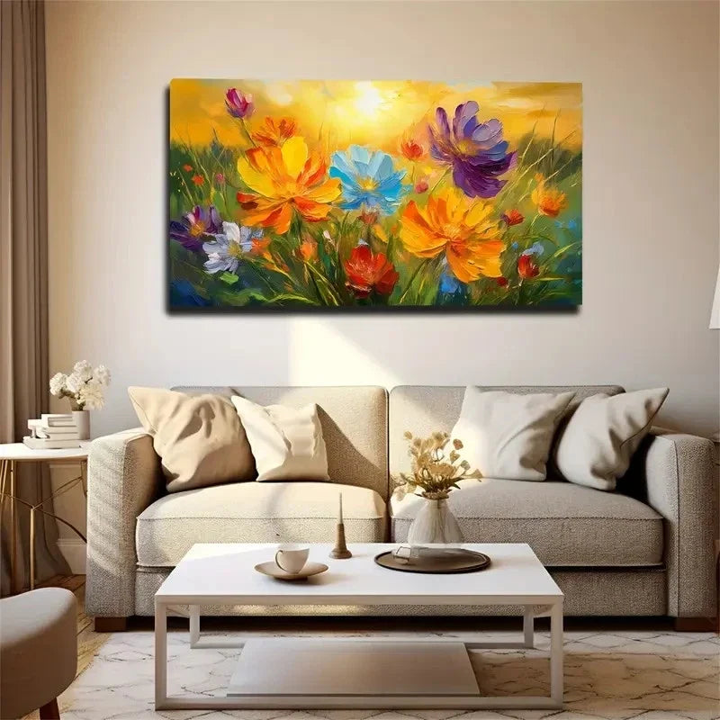 Vibrant Wildflower Sunset Wall Art Canvas Office Home Room Framed 80x45cm