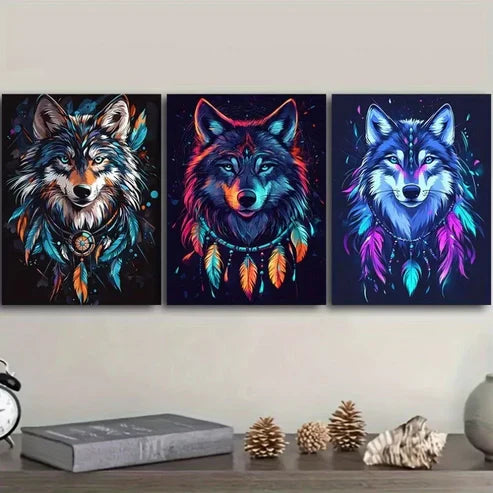 3pcs Stunning Wolf Neon Colors Colorful Necklace Wall Art Set Canvas Framed 60x90cm - High Quality Print 100% Australian Made Wall Canvas Ready to Hang