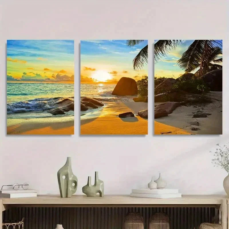 3pcs Serene Beach Scene with Rocks and Palm Trees Metal Print Ready to Hang Art