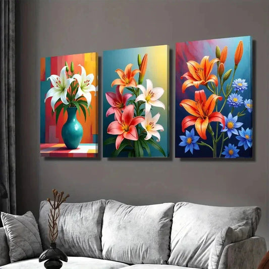 3pcs Vibrant Lily Flower Triptych Modern Classic Wall Art Set Canvas Framed 40x60cm - High Quality Print 100% Australian Made Wall Canvas Ready to Hang