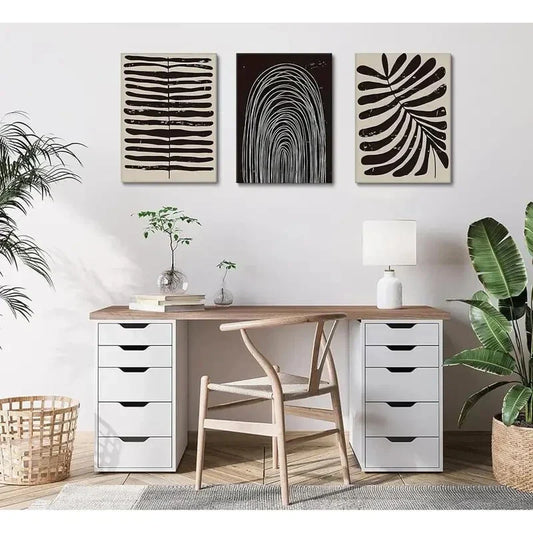 3pcs Mid-Century Modern Neutral Black White Beige Metal Print Ready to Hang Art