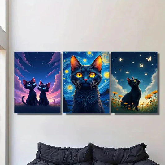 3pcs Starry Night Cat Triptych Black Cats Metal Print Ready to Hang Art