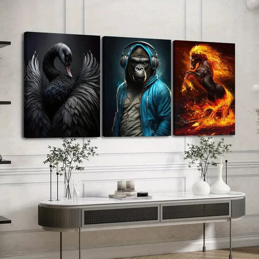 3pcs Various Animals Black Duck Blue Monkey Gold Wall Art Set Canvas Framed 40x60cm - High Quality Print 100% Australian Made Wall Canvas Ready to Hang
