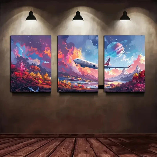 3pcs Vibrant Airplane Modern Aerospace Metal Print Ready to Hang Art