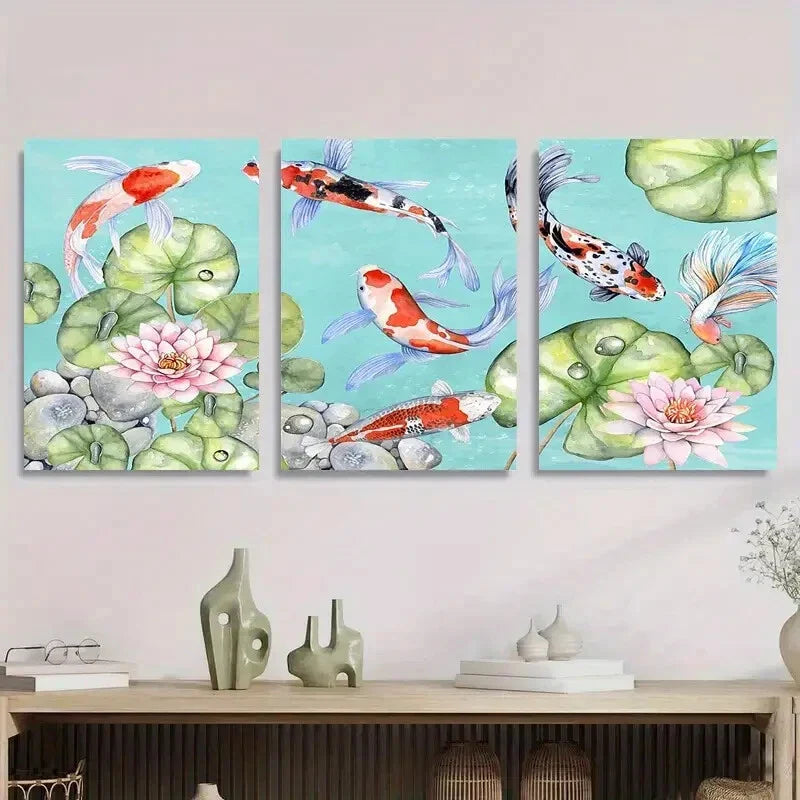 3pcs Koi Fish and for Lotus Watercolor Japanese Metal Print Ready to Hang Art