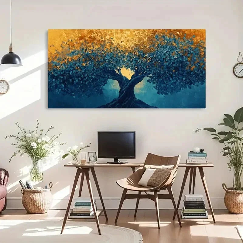 Vibrant Blue & Golden Nature Wall Art Canvas Office Home Room Framed 120x60cm