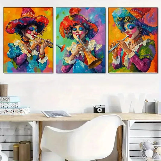 3pcss vibrant modern Colorful Clown Musician Wall Art Set Canvas Framed 40x60cm - High Quality Print 100% Australian Made Wall Canvas Ready to Hang