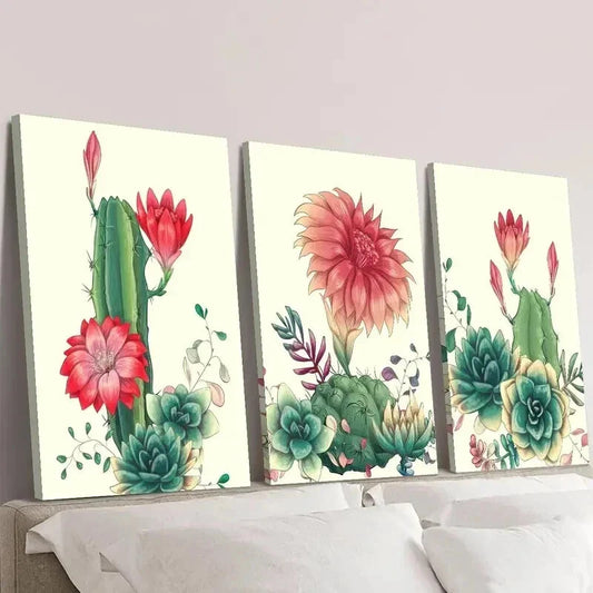 3pcs Cactus with Red Flowers Painting Wall Art Set Canvas Framed 40x60cm - High Quality Print 100% Australian Made Wall Canvas Ready to Hang