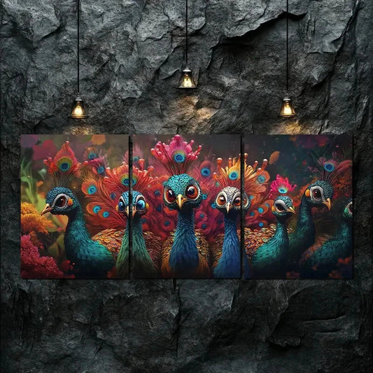 3pcs Flock of Brightly Colored Peacocks Perfect Wall Art Set Canvas Framed 40x60cm - High Quality Print 100% Australian Made Wall Canvas Ready to Hang