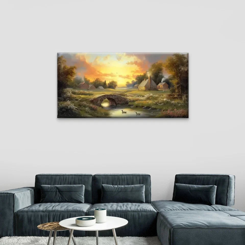 Rivers Villages Nature Wall Art Canvas Office Home Room Framed 80x45cm