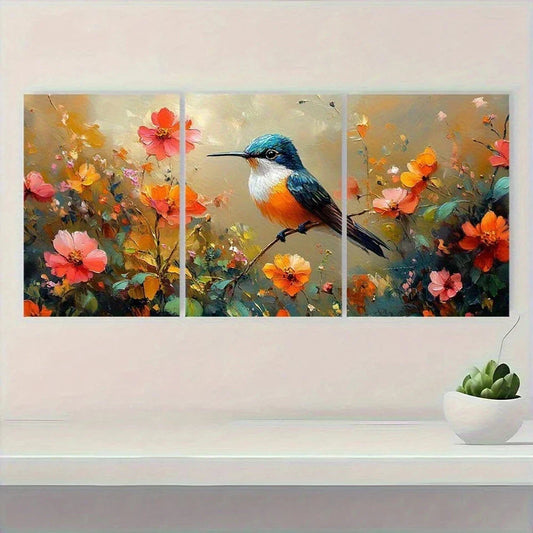 3pcs Vibrant Hummingbird & Floral Metal Print Ready to Hang Art