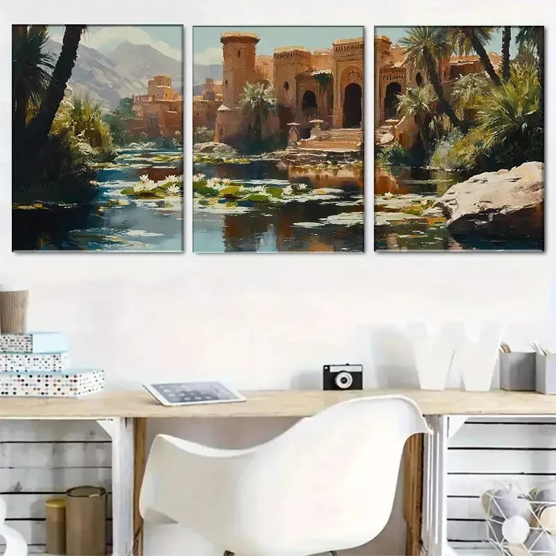 3pcss beautiful Oriental Oasis Landscape Wall Art Set Canvas Framed 40x60cm - High Quality Print 100% Australian Made Wall Canvas Ready to Hang