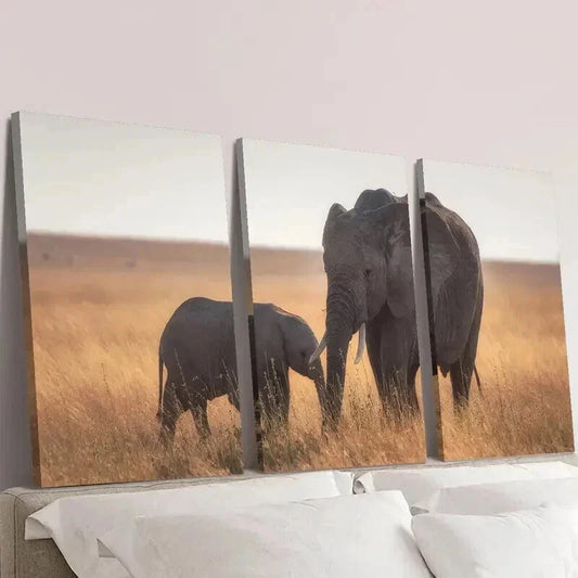 3pcs Elephant and Baby Elephant Wildlife Wall Art Set Canvas Framed 40x60cm - High Quality Print 100% Australian Made Wall Canvas Ready to Hang