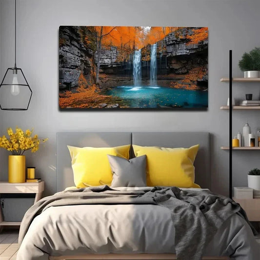 Autumn Waterfall Cliff Wall Art Canvas Office Home Room Framed 120x60cm