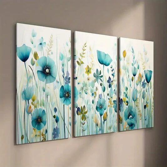 3pcs Beautiful Light Blue Wildflower Field Wall Art Set Canvas Framed 40x60cm - High Quality Print 100% Australian Made Wall Canvas Ready to Hang