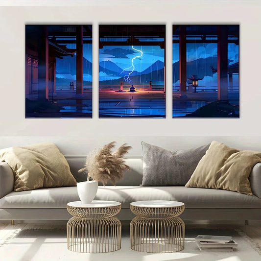 3pcs Ancient Pavilion and Lightning Scene Metal Print Ready to Hang Art