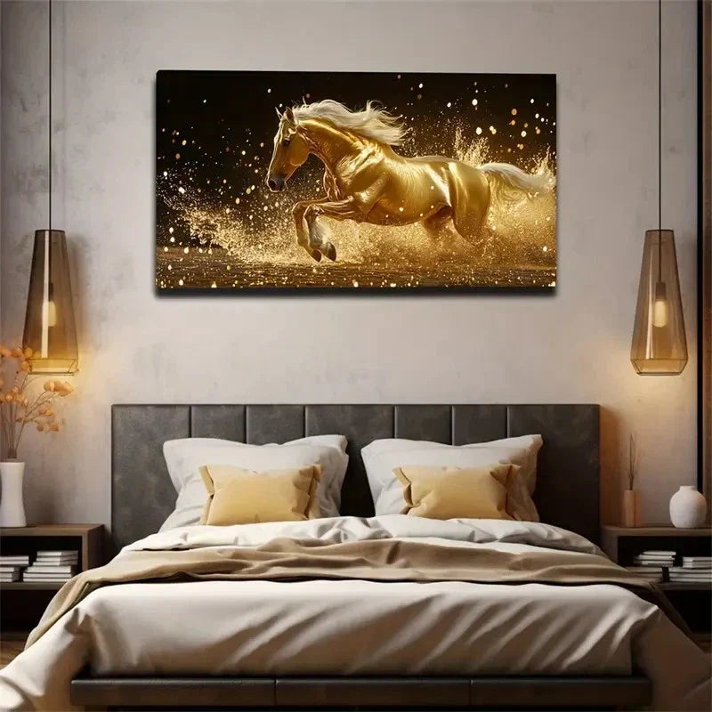 Vibrant Golden Horse Deco Wall Art Canvas Office Home Room Framed 120x60cm