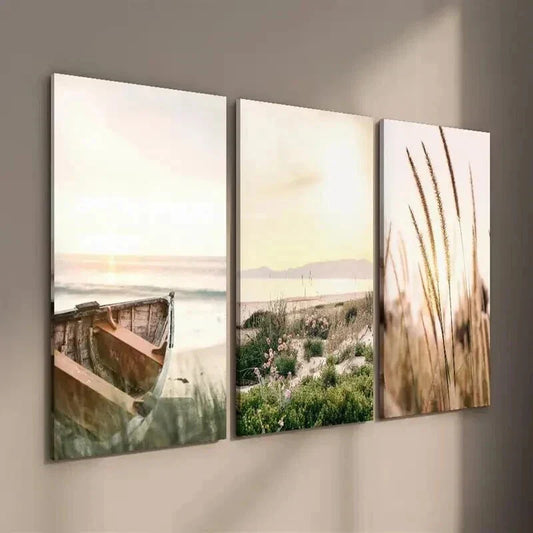 3pcs Sunset and Boats on The Coast Wall Art Set Canvas Framed 40x60cm - High Quality Print 100% Australian Made Wall Canvas Ready to Hang