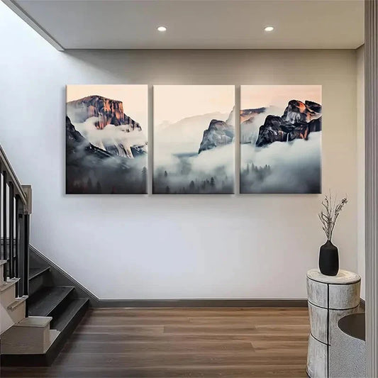 3pcs Foggy Scenic View Golden Mountain Perfect Wall Art Set Canvas Framed 40x60cm - High Quality Print 100% Australian Made Wall Canvas Ready to Hang