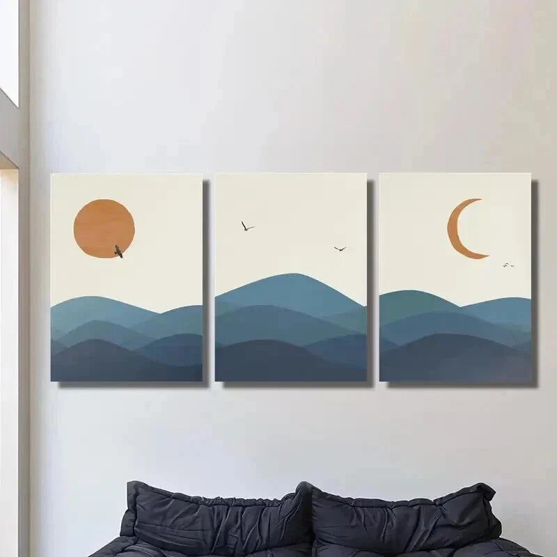 3pcs Birds Sunset Moon & Mountain Landscape Wall Art Set Canvas Framed 40x60cm - High Quality Print 100% Australian Made Wall Canvas Ready to Hang