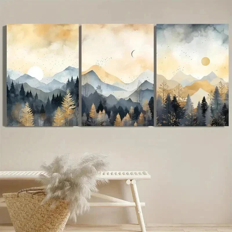 3pcs Misty Pine Forests Sunset & Moonlit Wall Art Set Canvas Framed 40x60cm - High Quality Print 100% Australian Made Wall Canvas Ready to Hang