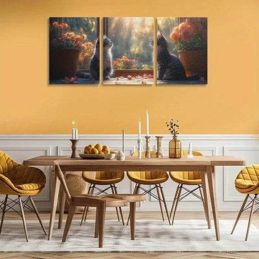 3pcs Black and White Cat Serene Feline Sitting Metal Print Ready to Hang Art