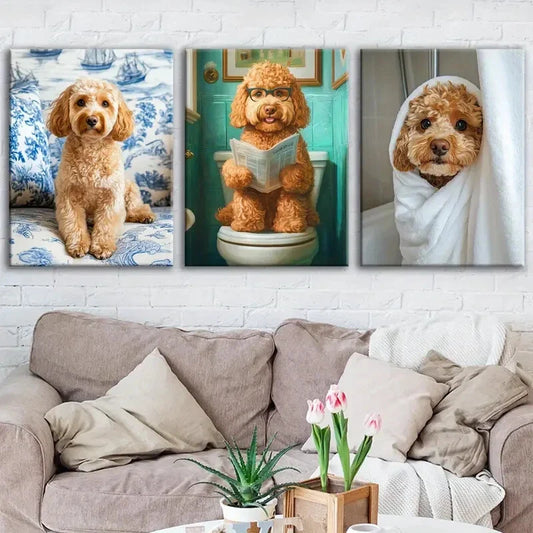3pcs Cute Dogs Toilet Brawny Blue & White Green Wall Art Set Canvas Framed 40x60cm - High Quality Print 100% Australian Made Wall Canvas Ready to Hang