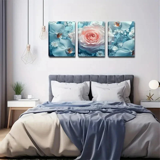 3pcs Serene Light Blue Floral & Butterfly Design Wall Art Set Canvas Framed 40x60cm - High Quality Print 100% Australian Made Wall Canvas Ready to Hang