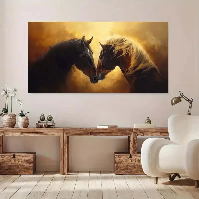 Modern Two Horses Facing Each Wall Art Canvas Office Home Room Framed 120x60cm