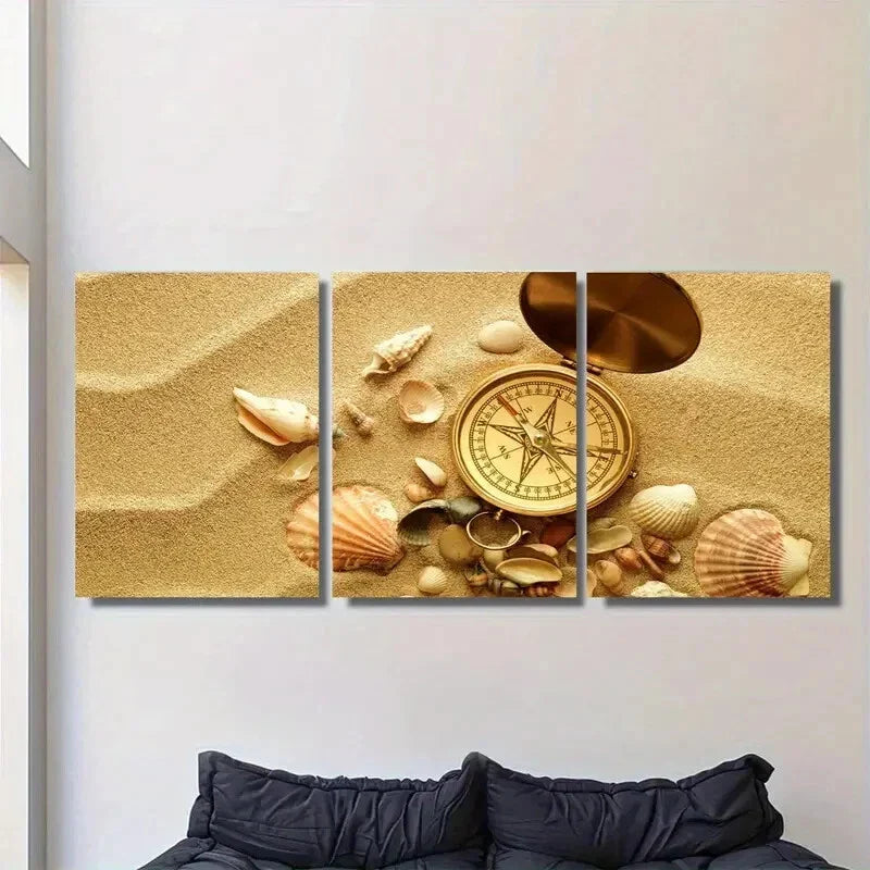 3pcs Golden Sand and Seashells Metal Print Ready to Hang Art