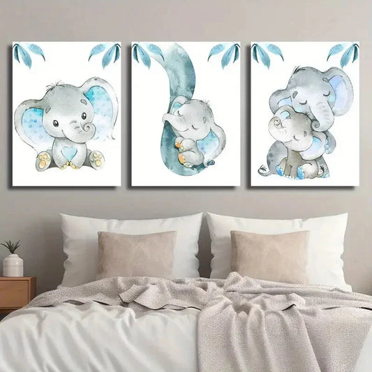 3pcs Watercolor Style Blue and Gray Elephant Metal Print Ready to Hang Art